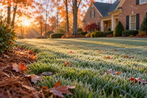 Illustrative autumn landscape with frost on a lawn and an inactive sprinkler; not a company project.